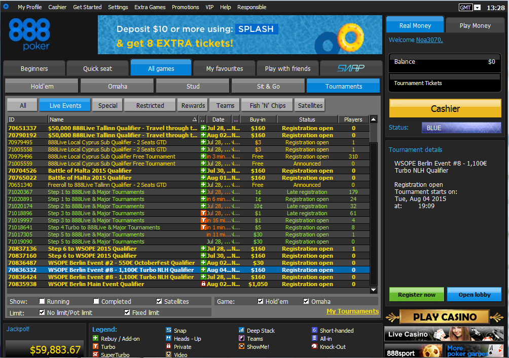 888 Poker Games Lobby screenshot